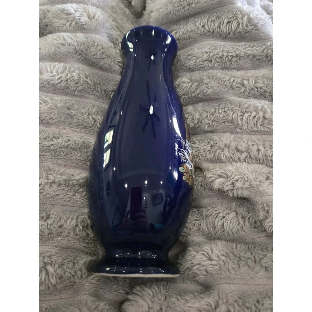 Vintage Japanese Porcelain Colbolt Blue Vase 8 inches tall Floral Pheasant Gold